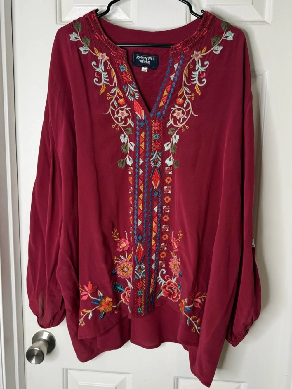 Johnny Was Burgundy Embroidered V-Neck Boho Tunic - Picture 1 of 5